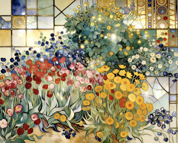 Stained Glass Artwork of a Vibrant Flower Garden