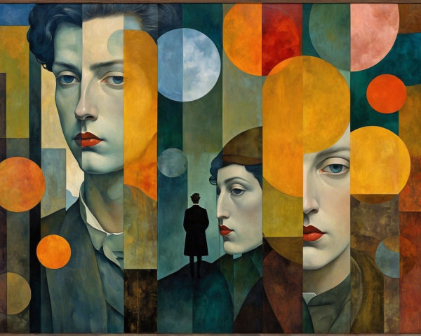 Cubist-Futuristic Painting of Two Figures with Red Lips