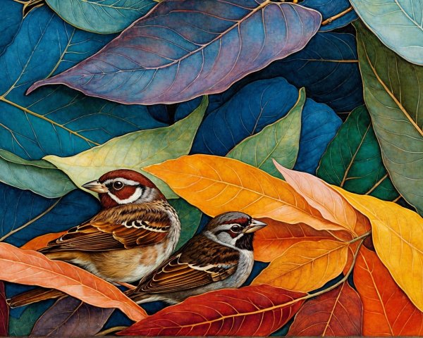 Sparrows Among Colorful Leaves in Natural Composition