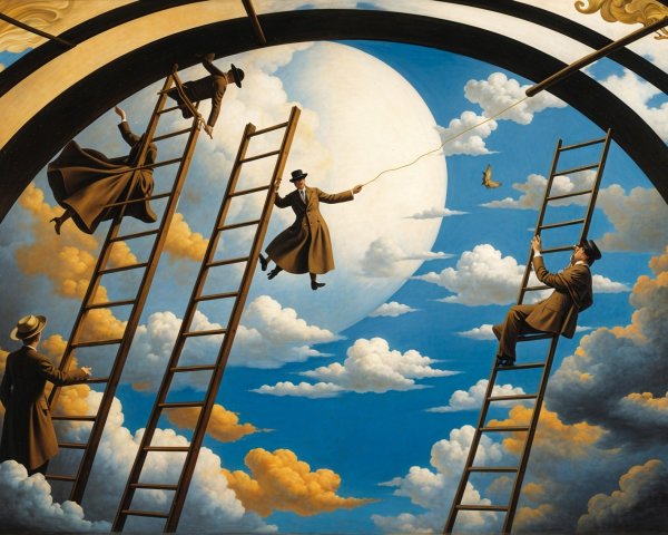 Surreal Artwork of Figures Ascending Ladders to Moon