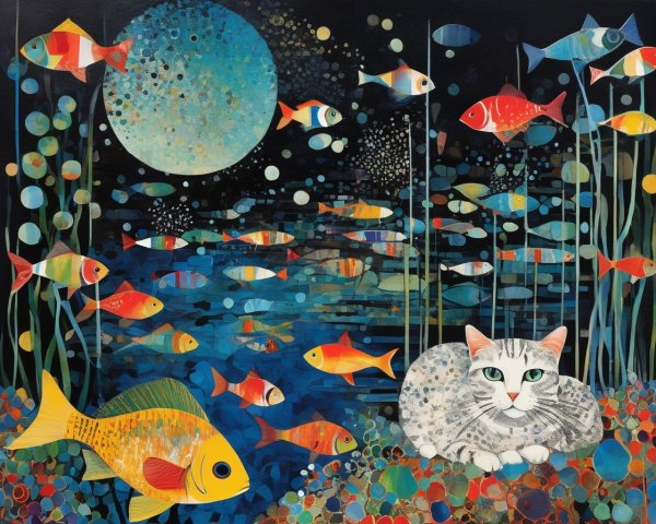 Whimsical Underwater Scene with Colorful Fish and Cat