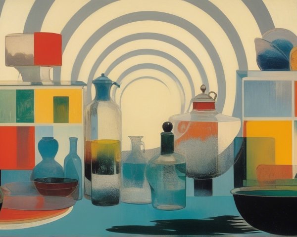 Vibrant Still Life of Kitchenware and Bottles