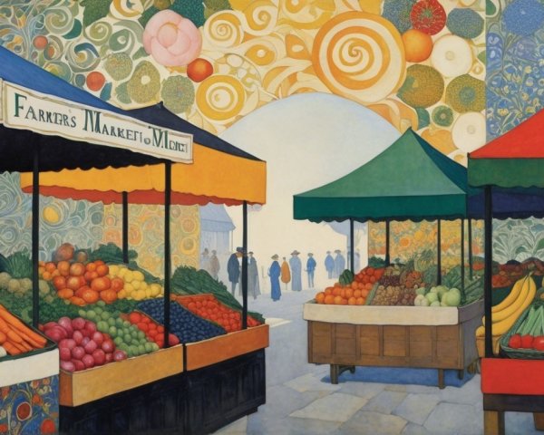 Vibrant Farmers Market with Colorful Stalls and Canopies
