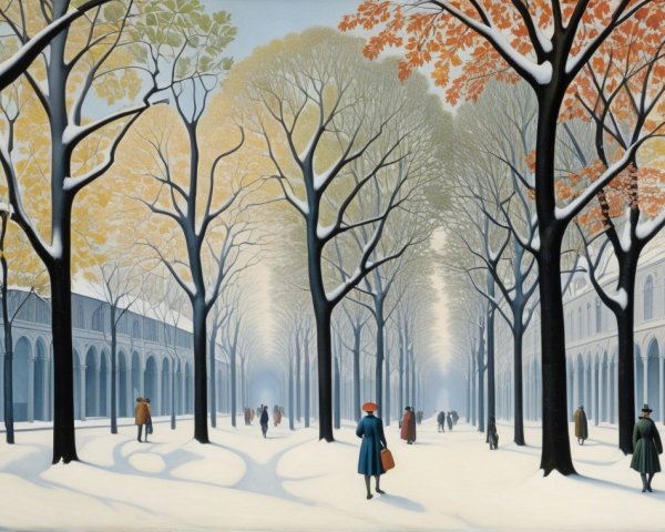 Winter Scene with Snowy Tree-Lined Avenue and People