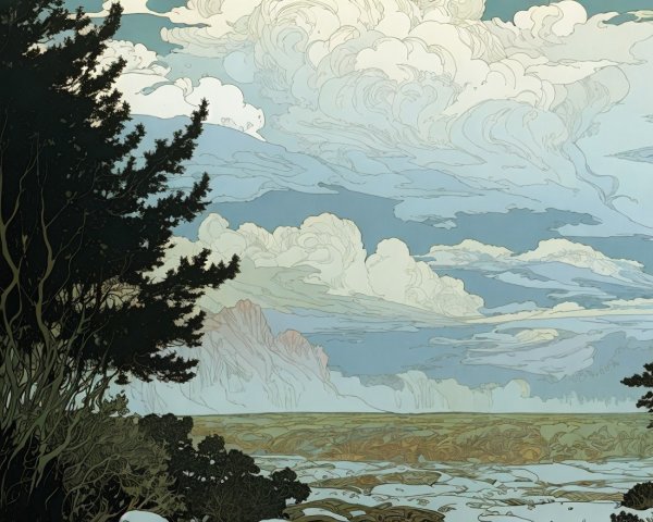 Serene Landscape with Clouds and Silhouetted Trees