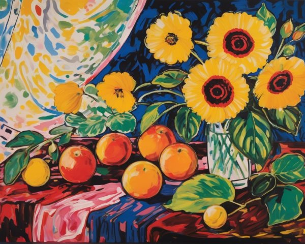 Vibrant Still Life with Sunflowers and Oranges