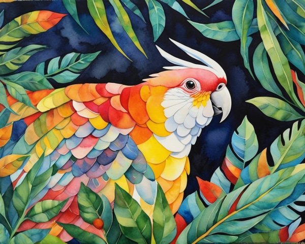 Vibrant Watercolor of Parrot Among Green Leaves