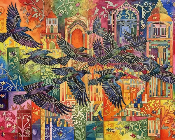 Vibrant Watercolor of Birds and Architectural Patterns