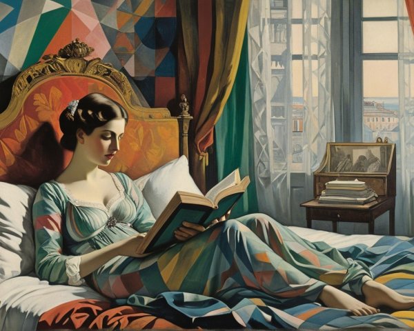 Young Woman Reading in Cozy, Sunlit Bedroom