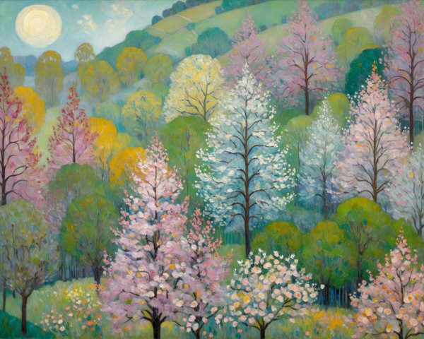 Vibrant Spring Landscape with Blossom Trees and Hills
