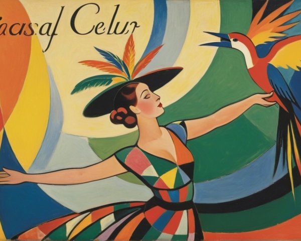 Colorful Artwork of Woman with Parrot and Hat