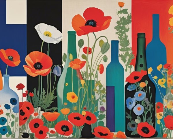 Vibrant Still Life with Poppies and Colorful Bottles