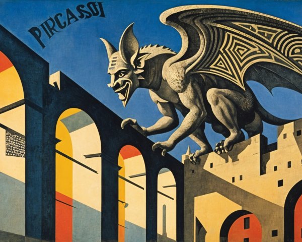 Stylized Gargoyle with Geometric Wings and Vibrant Background