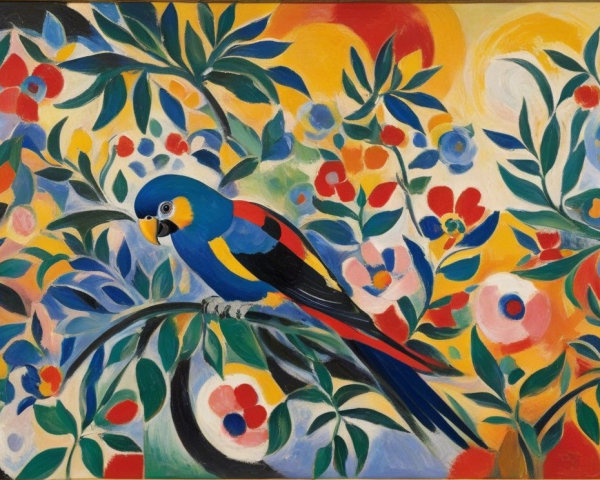 Colorful Parrot Painting with Lush Tropical Foliage