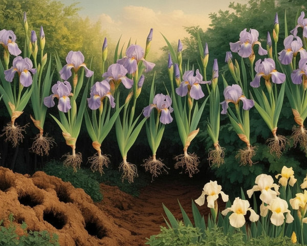 Blooming Iris Flowers in Purple and White Shades