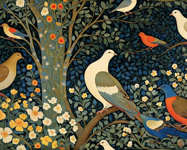 Colorful Birds Among Lush Foliage and Flowers