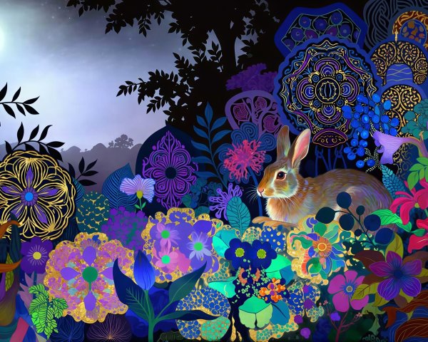 Enchanted Night Garden with Rabbit and Colorful Flora