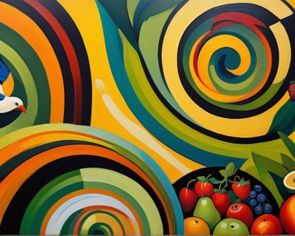 Vibrant Abstract Painting with Nature and Colorful Fruits