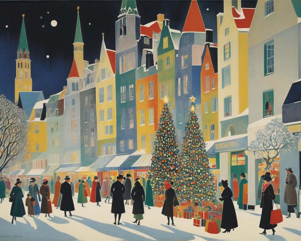 Vibrant Christmas Market Scene in Snowy Town Square