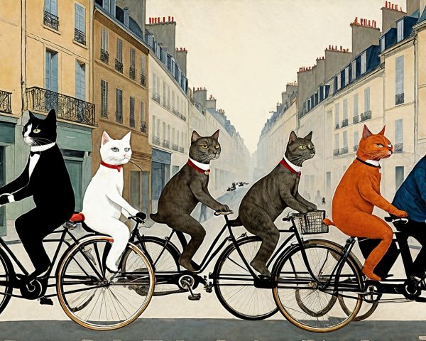 Anthropomorphic cats cycling in Parisian street scene