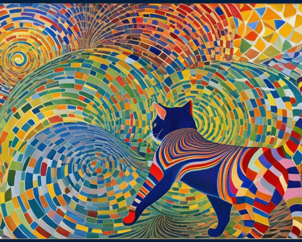 Brightly Colored Abstract Cat in Swirling Patterns