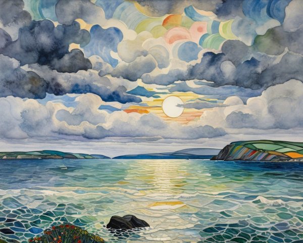 Vibrant Seascape with Dramatic Sky and Tranquil Hills