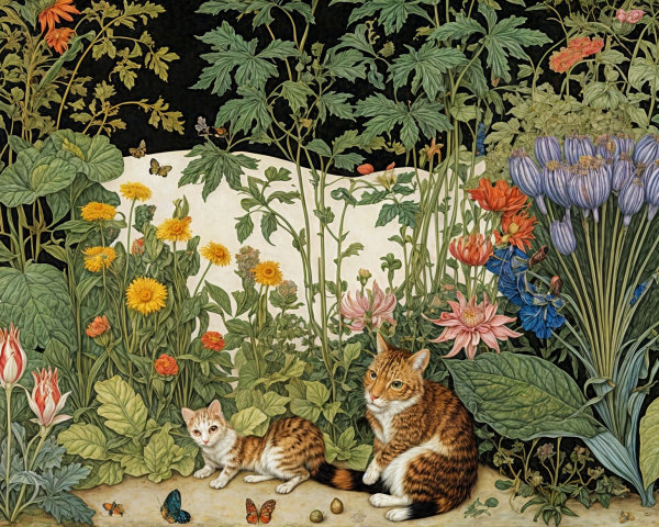 Whimsical Garden Scene with Cats and Vibrant Flowers