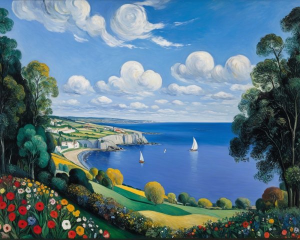 Vibrant Coastal Landscape with Wildflowers and Cottages