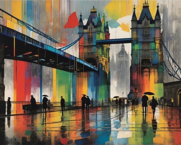 Abstract Art of Tower Bridge with Colorful Rainy Scene