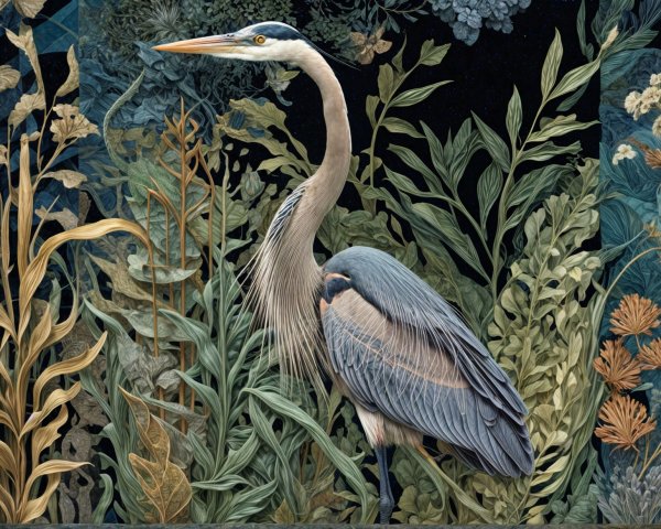 Detailed Illustration of a Heron in Vibrant Foliage