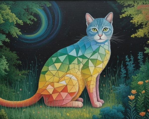 Colorful Geometric Cat in a Vibrant Forest Setting