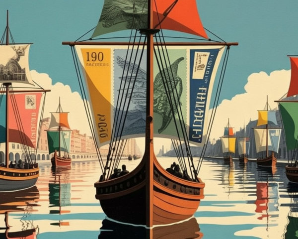 Vibrant Harbor Scene with Colorful Ships and Sails