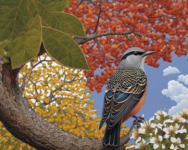 Vivid Bird on Branch Amidst Autumn Foliage
