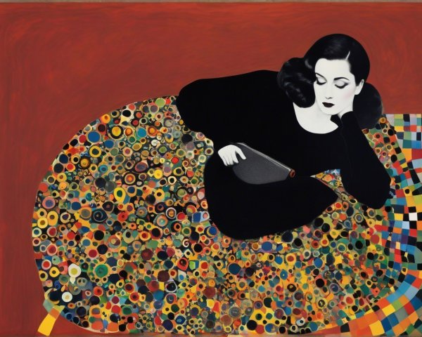 Stylized Woman Reclining on Colorful Patterned Background