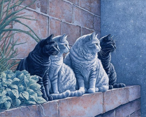 Four Cats on a Stone Ledge Surrounded by Plants