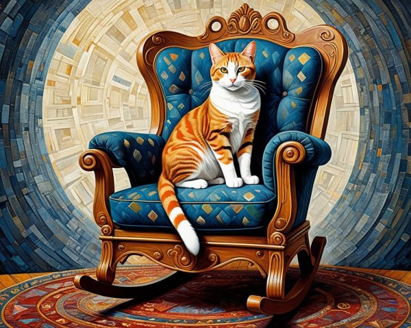 Sophisticated Cat on Ornate Rocking Chair with Rug