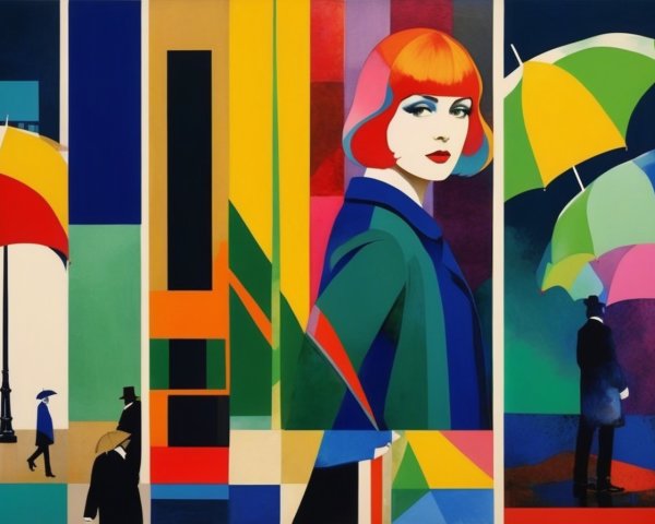 Geometric Artwork of Woman in Blue Coat and Umbrellas