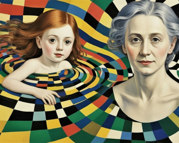 Surreal Composition of Young Girl and Older Woman