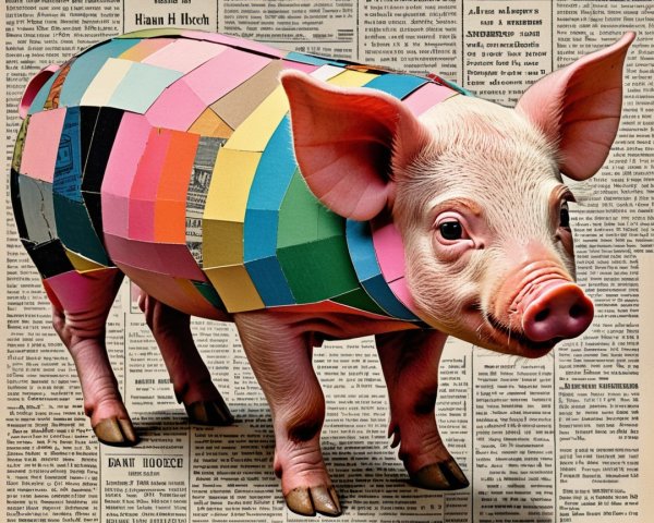 Stylized Pig with Colorful Patches on Newspaper Backdrop