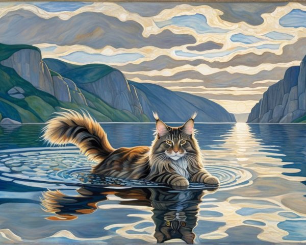 Maine Coon Cat on a Serene Lake at Sunset