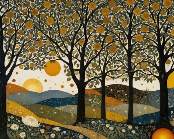 Surreal Art Nouveau Landscape with Stylized Trees