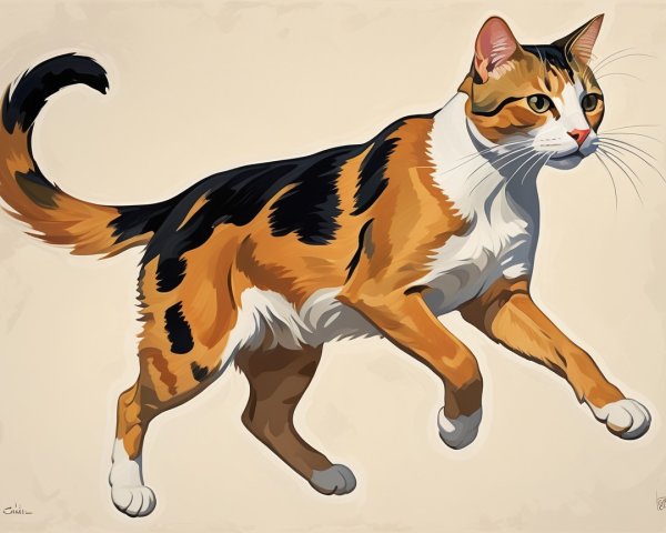 Calico Cat in Mid-Leap with Vibrant Fur and Green Eyes
