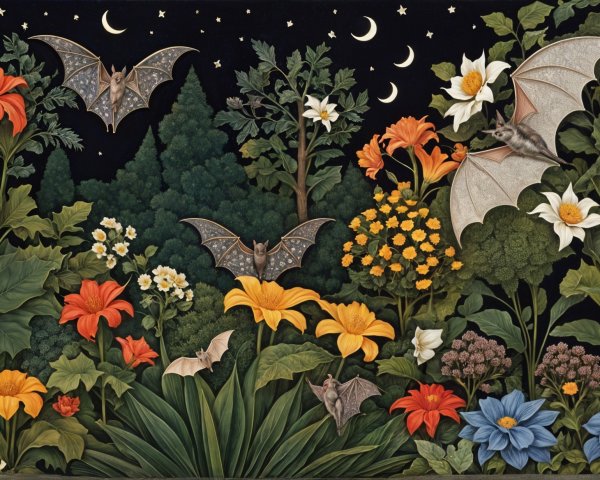 Vibrant Nocturnal Scene with Flowers and Bats