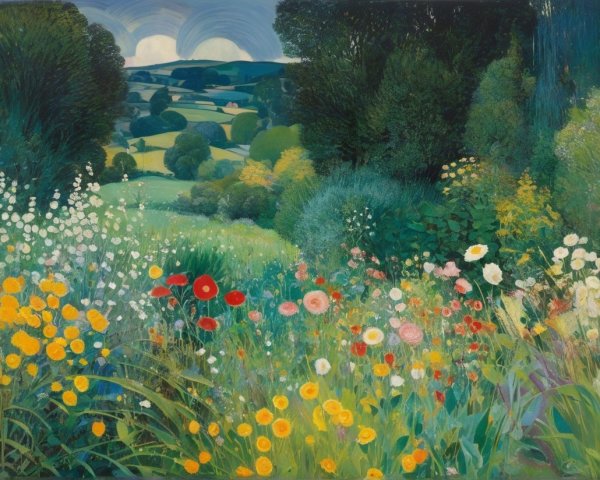 Vibrant Landscape Painting of Lush Countryside Scene