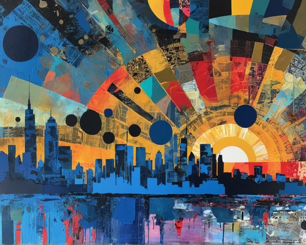 Vibrant City Skyline at Sunset with Abstract Colors