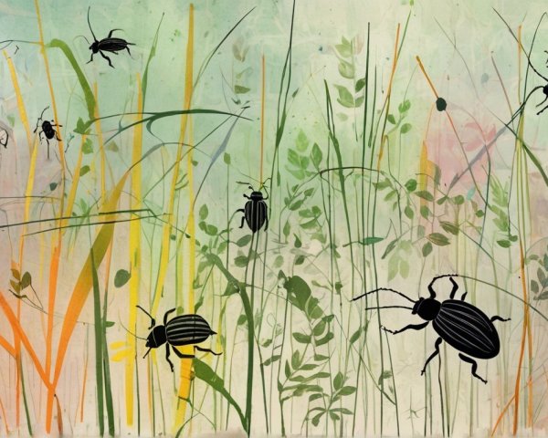 Colorful Field Illustration with Beetles and Foliage