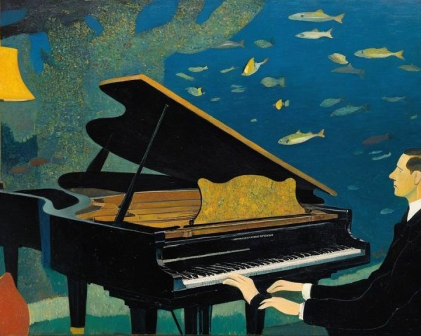 Underwater Scene of a Man Playing Piano with Fish