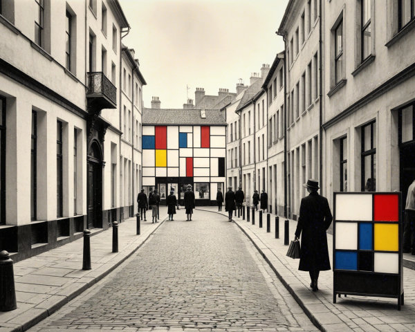 Historic street scene with cobblestone path and art