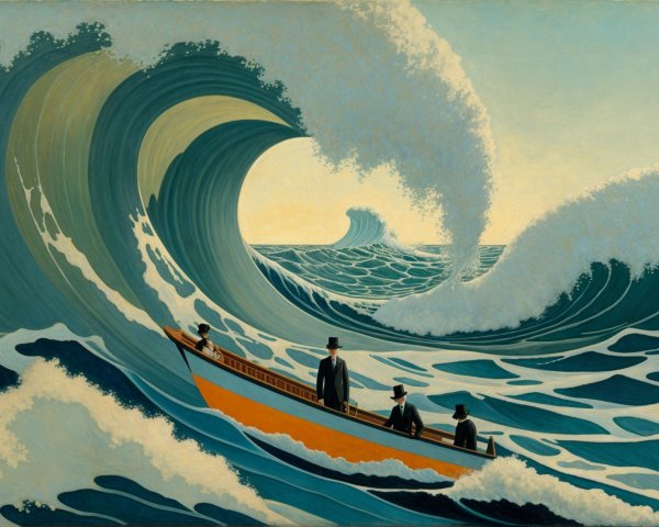 Dramatic Seascape with Waves and Vintage Figures