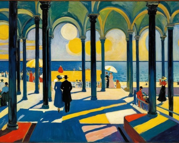 Vibrant Seaside Scene with Archways and Sunlit Figures